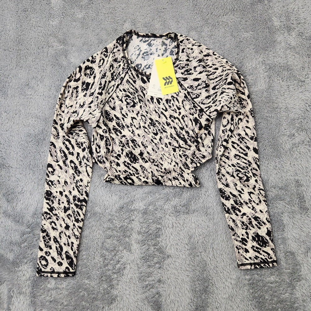 All in Motion‎ Swim Top Juniors XS Gray Leopard Crop Rash Guard Tie Back UPF 50+